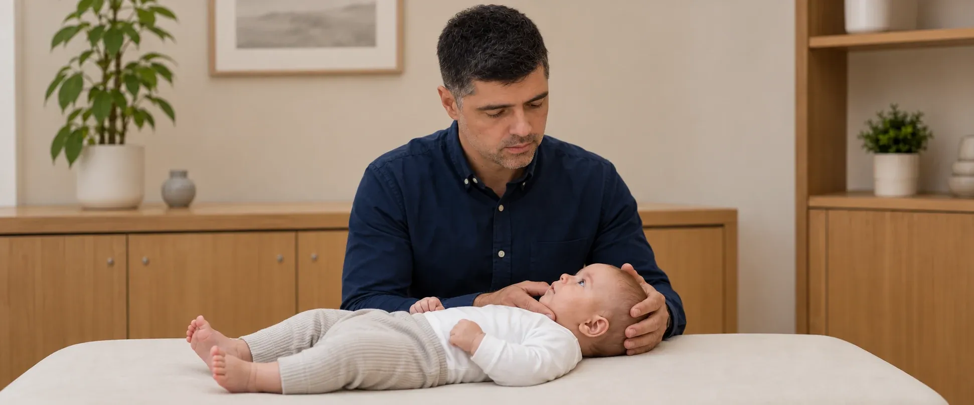 Imagem ilustrativa de Douglas Lima avaliando o crânio de um bebê
